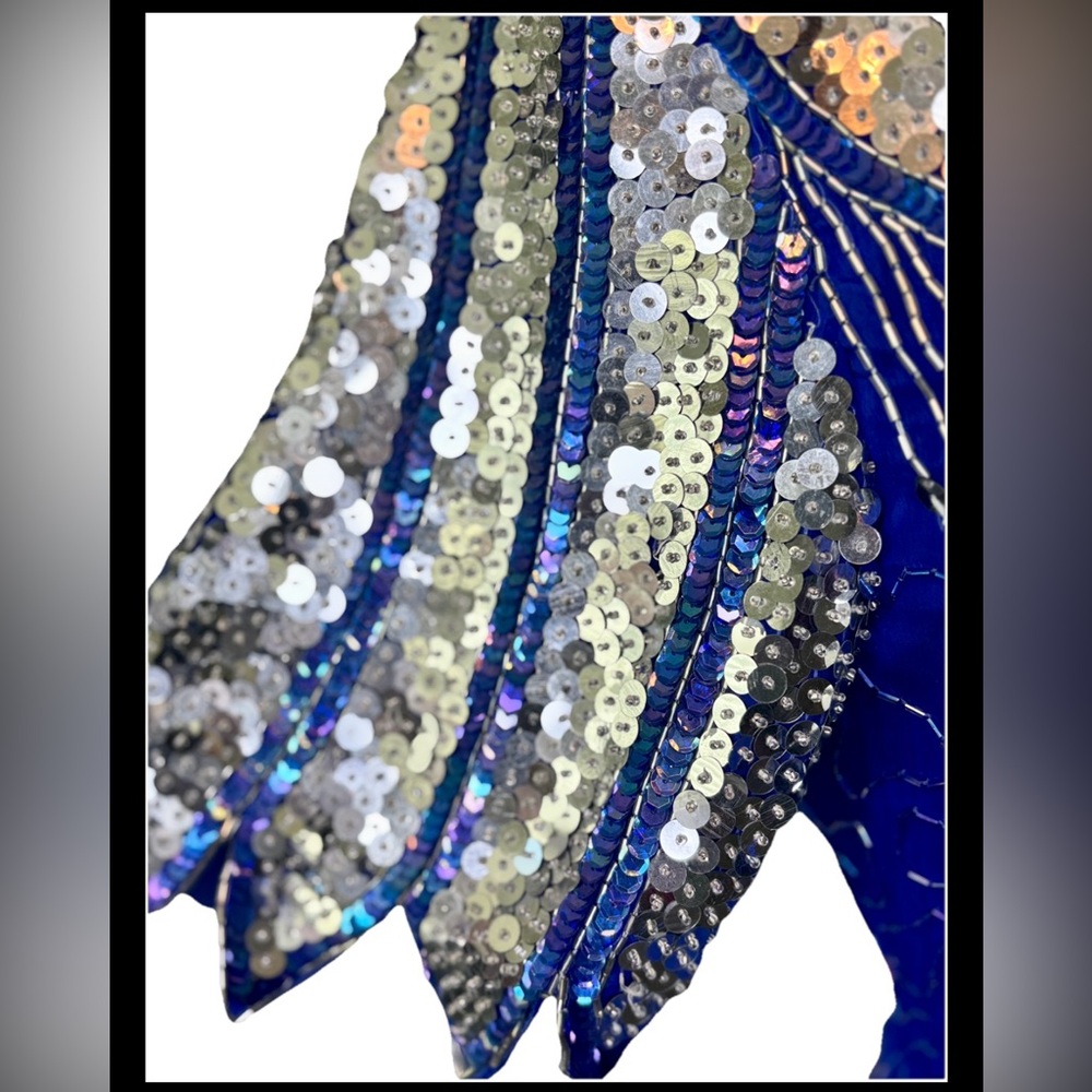 Laurence Kazar Vintage 80’s Blue Dress w/ Silver‎ Peacock Sequins and Open Back - Picture 5 of 10